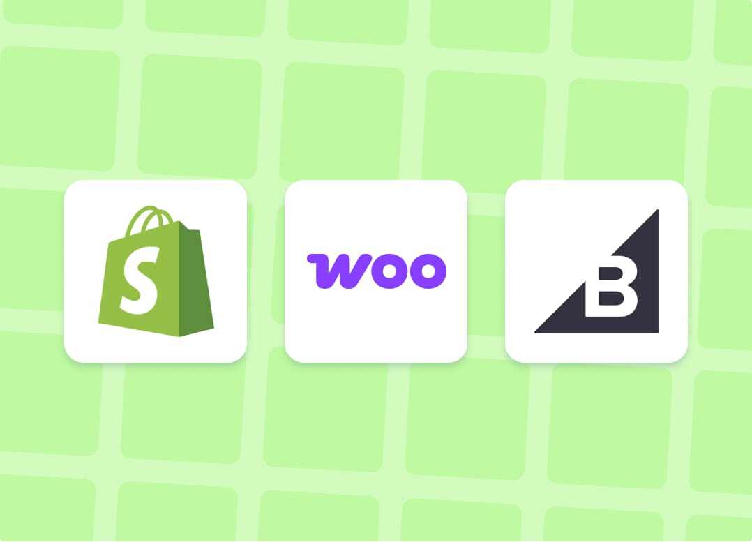 A graphic showing Shopify, WooCommerce, and BigCommerce logos. A graphic showing Shopify, WooCommerce, and BigCommerce logos.