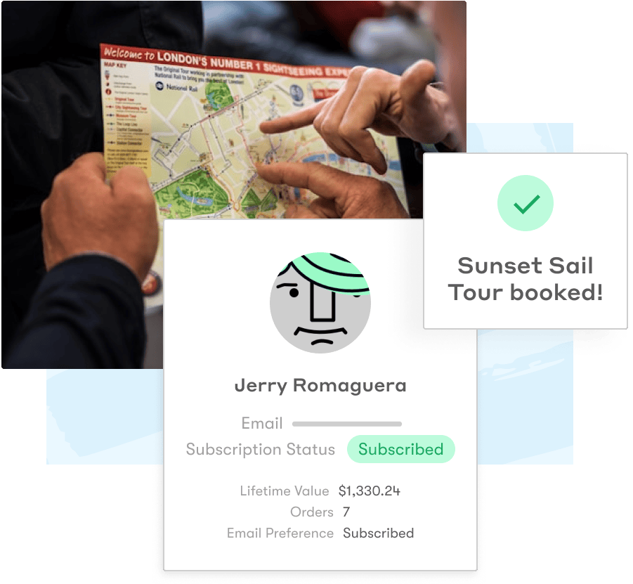 A collage showing a group of people holding a map, a window displaying someone's subscription status, and a window stating "Sunset Sail Tour Booked!" A collage showing a group of people holding a map, a window displaying someone's subscription status, and a window stating "Sunset Sail Tour Booked!"