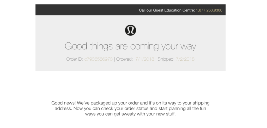 Lululemon Confirmation Email