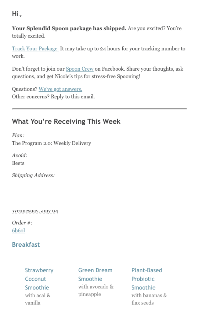 Splendid Spoon Confirmation Email